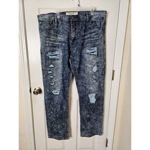 Mens Blue Cult  Denim Stretch Jeans Embroidered Distressed Straight Leg  42x33